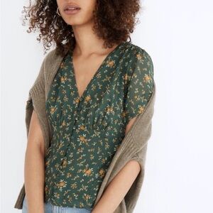 Silk Evie Tie-Sleeve Green Floral Button-Up Blouse